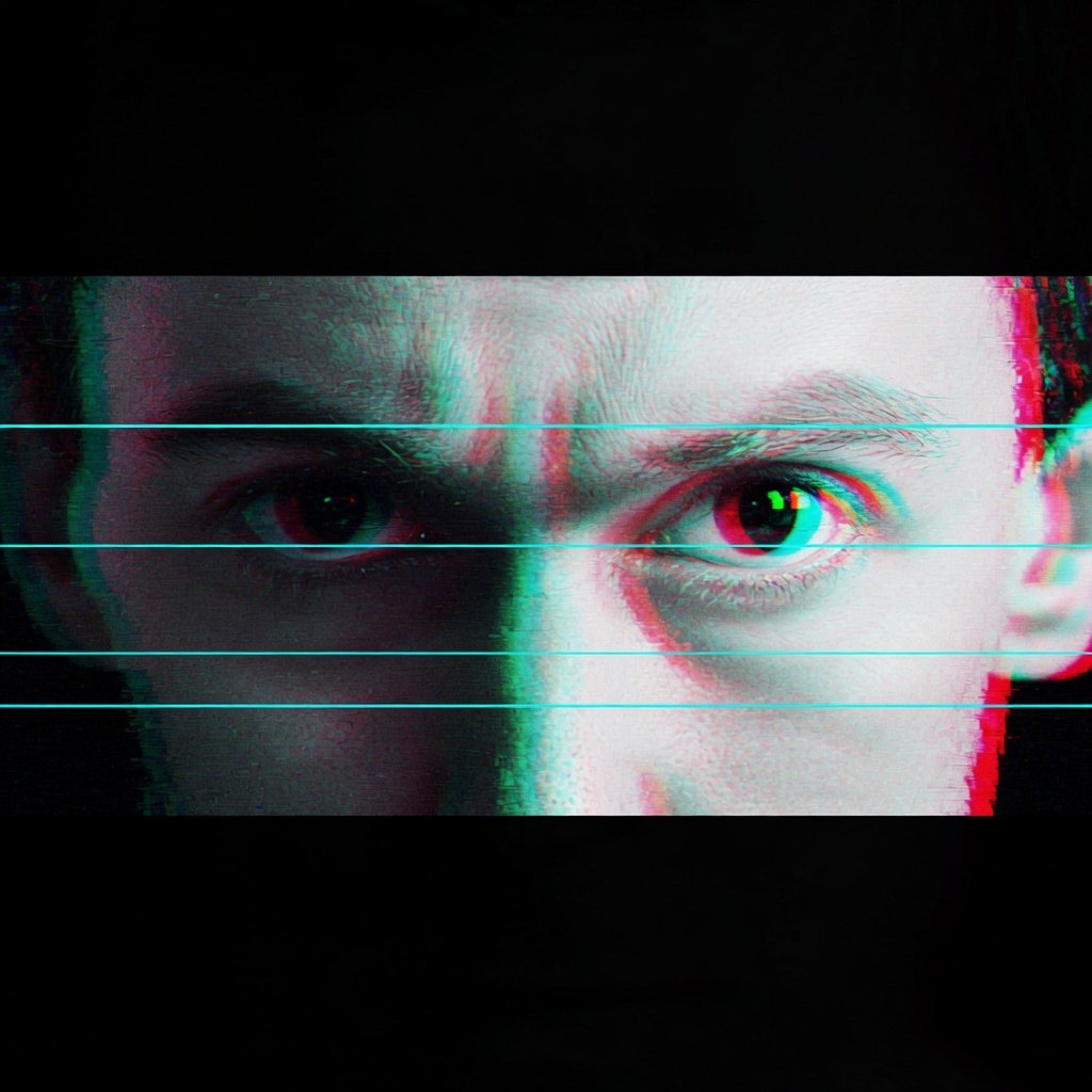 Glitch-treated close-up of Nick Land's eyes