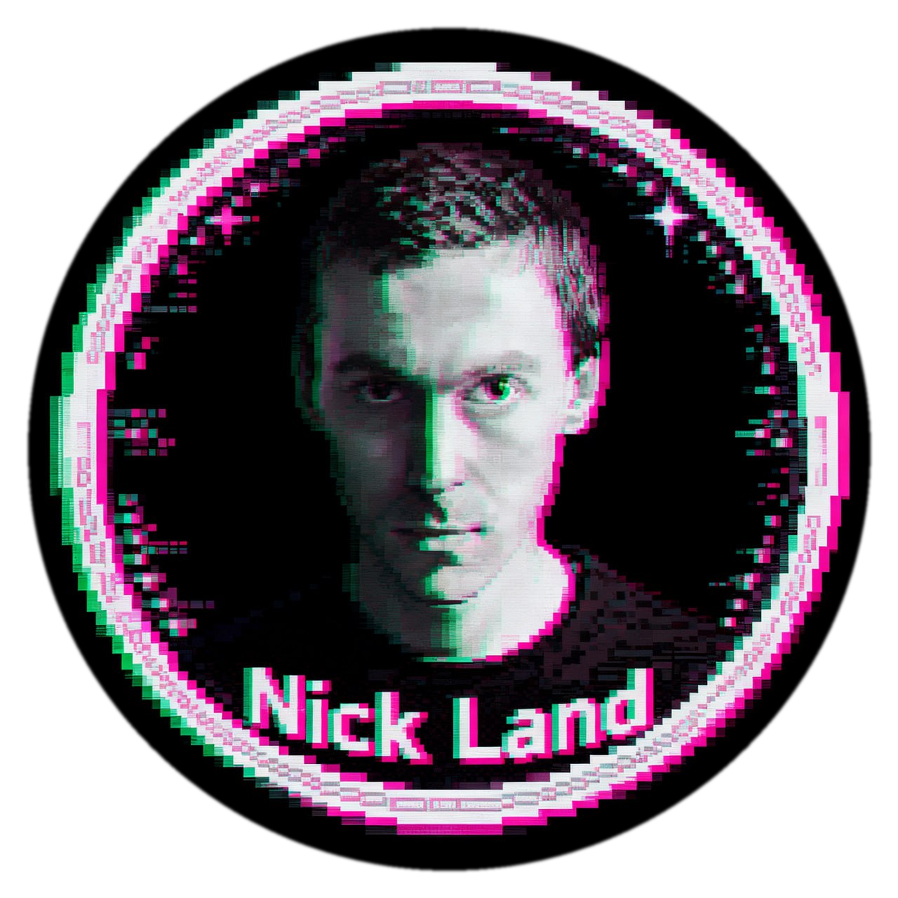 $LAND coin logo: circular glitch portrait of Nick Land