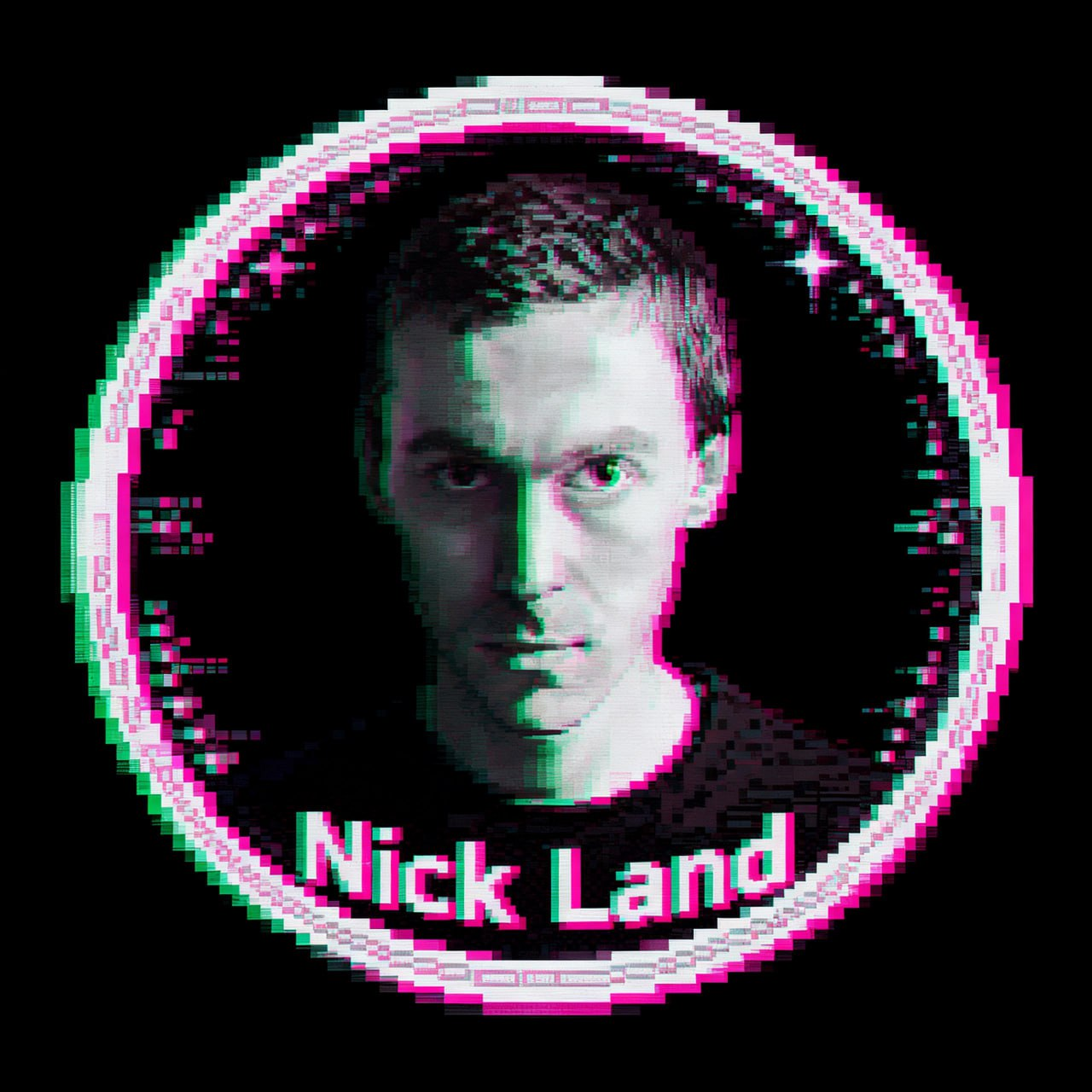 Glitch-treated portrait illustration of Nick Land